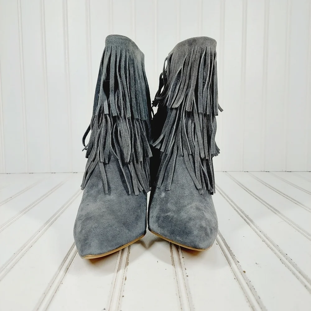 Steve Madden Flapper Gray Fringe Suede High Heeled Ankle Boots A999 - Picture 3 of 11